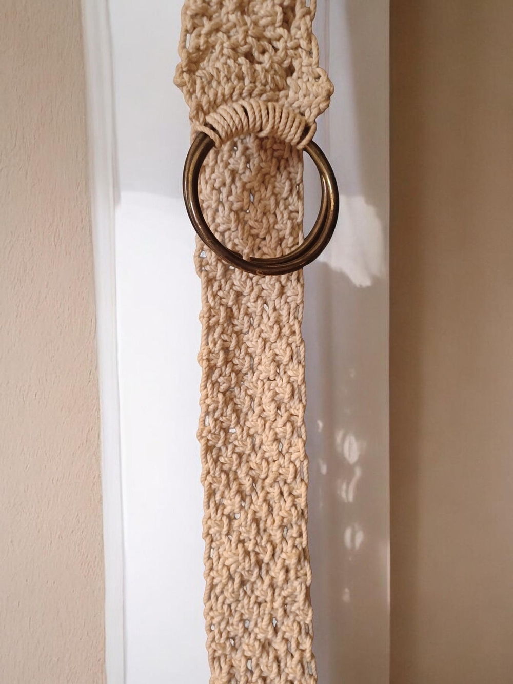 42" Handmade Macramé Belt with Brass Ring - Cream